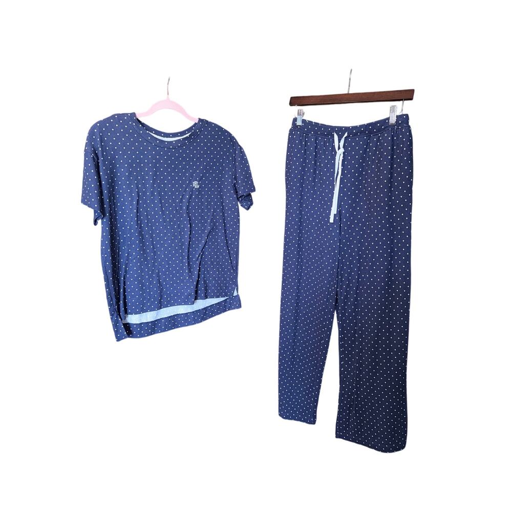 Lauren Ralph Lauren blue polkadot short sleeve pants pajama set small soft cozy